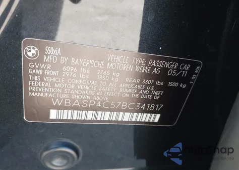 2011 BMW 550I Gran Turismo xDrive из США, поврежденный, VIN WBASP4C57BC341817